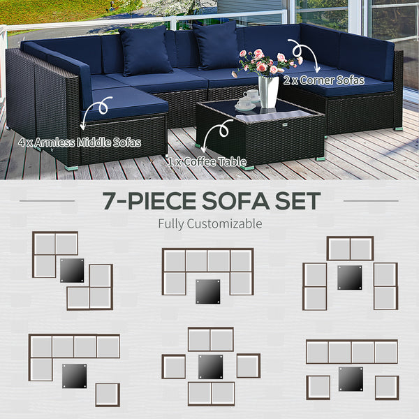 Outsunny 7-Piece Patio Furniture Set, Outdoor Wicker Conversation Set, All Weather PE Rattan Sectional Sofa Set with Cushions and Tempered Glass Top Coffee Table, Pillows, Dark Blue