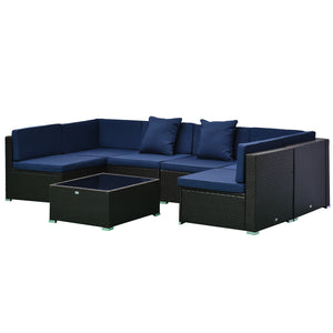 Outsunny 7-Piece Patio Furniture Set, Outdoor Wicker Conversation Set, All Weather PE Rattan Sectional Sofa Set with Cushions and Tempered Glass Top Coffee Table, Pillows, Dark Blue