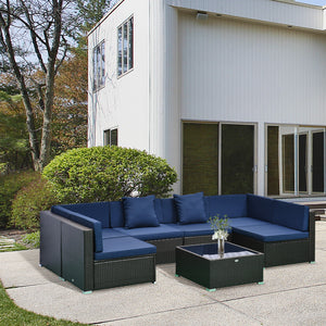 Outsunny 7-Piece Patio Furniture Set, Outdoor Wicker Conversation Set, All Weather PE Rattan Sectional Sofa Set with Cushions and Tempered Glass Top Coffee Table, Pillows, Dark Blue