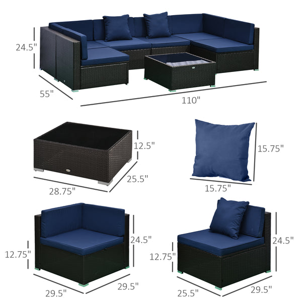 Outsunny 7-Piece Patio Furniture Set, Outdoor Wicker Conversation Set, All Weather PE Rattan Sectional Sofa Set with Cushions and Tempered Glass Top Coffee Table, Pillows, Dark Blue