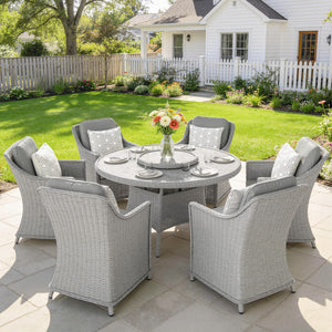 6 Seater Rattan Garden Dining Set with Lazy Susan, Round Garden Table and Chairs with Marble Effect Glass Table, Cushions and Pillows, Aluminium Frame Outdoor Furniture Set for Patio, Grey
