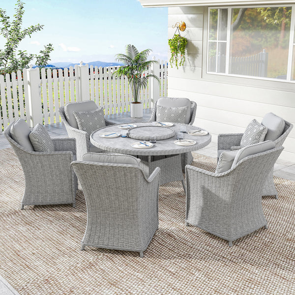 6 Seater Rattan Garden Dining Set with Lazy Susan, Round Garden Table and Chairs with Marble Effect Glass Table, Cushions and Pillows, Aluminium Frame Outdoor Furniture Set for Patio, Grey