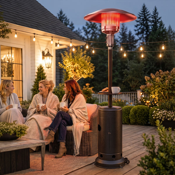 Gas Patio Heater with Table Tray, 13 kW Portable Propane Outdoor Heater with Stepless Heat Control, Piezo Ignition, Tip-over Protection, 2 Wheels for Garden, Brown