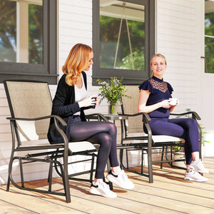 Outdoor Glider Chairs with Coffee Table, Patio 2-Seat Rocking Chair Swing Loveseat with Breathable Sling for Backyard, Garden, and Porch, Light Brown