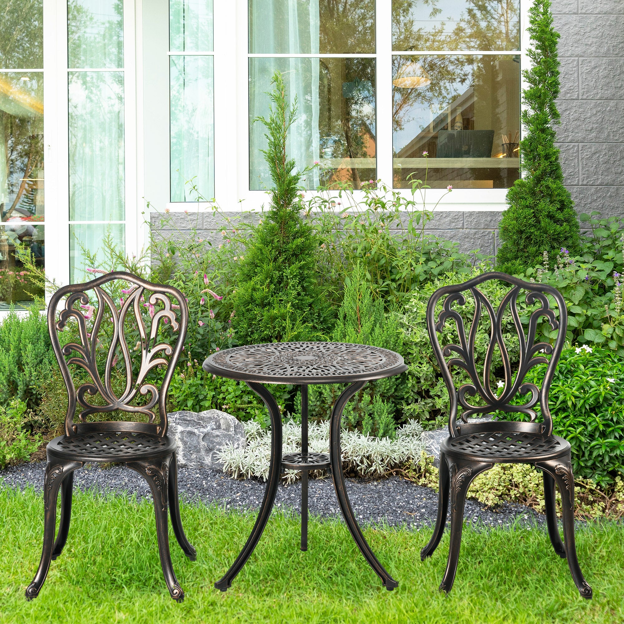balcony patio set 3pc umbrella Outsunny 3 Piece Modern Garden Bistro Set with Umbrella Hole & Aluminium Frame for Balcony, Patio, Bronze Tone