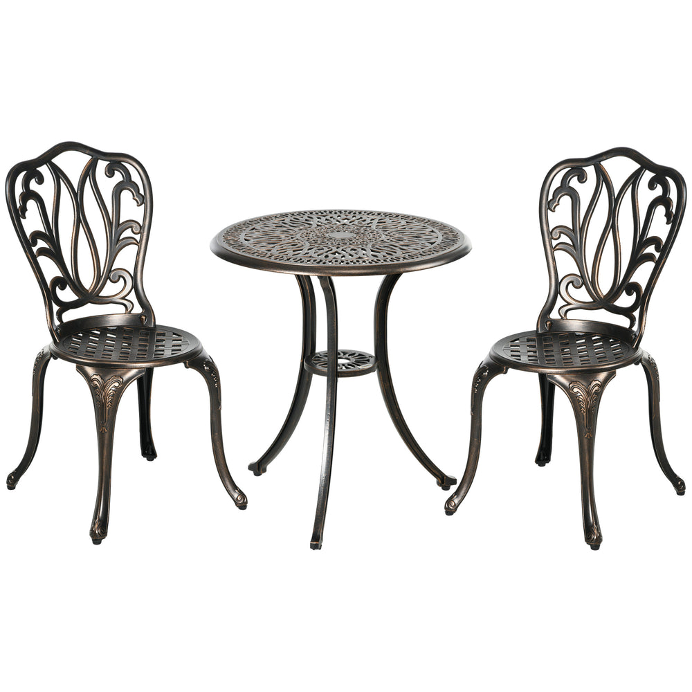 3 Piece Garden Bistro Set, Cast Aluminium Outdoor Furniture Set with Umbrella Hole for Balcony, Porch, Patio, Bronze Tone