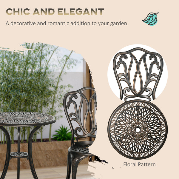3 Piece Garden Bistro Set, Cast Aluminium Outdoor Furniture Set with Umbrella Hole for Balcony, Porch, Patio, Bronze Tone