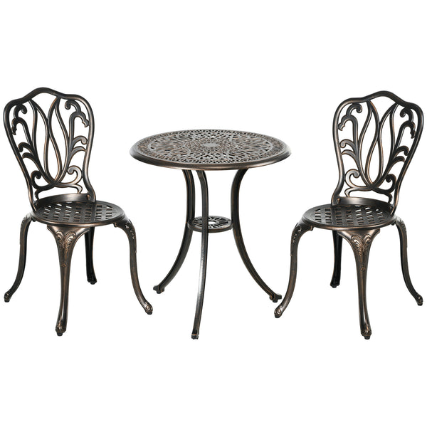 3 Piece Garden Bistro Set, Cast Aluminium Outdoor Furniture Set with Umbrella Hole for Balcony, Porch, Patio, Bronze Tone