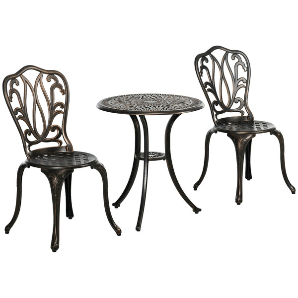 3 Piece Garden Bistro Set, Cast Aluminium Outdoor Furniture Set with Umbrella Hole for Balcony, Porch, Patio, Bronze Tone