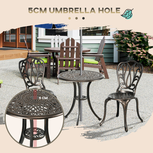 3 Piece Garden Bistro Set, Cast Aluminium Outdoor Furniture Set with Umbrella Hole for Balcony, Porch, Patio, Bronze Tone
