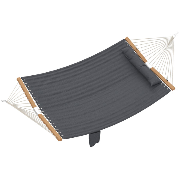 Outdoor Hammock, 2-Person Hammock with Head Pillow and Pad, Wood Spreader Bars, 440 lbs Capacity, for Patio Yard Garden, 128" x 55", Gray