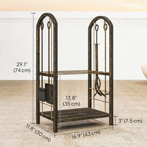17 Inch Firewood Rack with 4 Fireplace Tools, 2-Tier Heavy Duty Steel Log Store Indoors with Hooks, 220 lb Capacity Fireplace Log Storage Holder for Outdoor, Coffee Brown