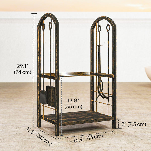 17 Inch Firewood Rack with 4 Fireplace Tools, 2-Tier Heavy Duty Steel Log Store Indoors with Hooks, 220 lb Capacity Fireplace Log Storage Holder for Outdoor, Coffee Brown