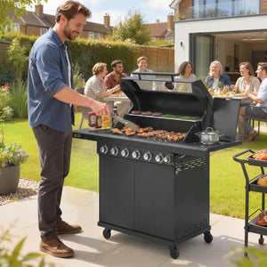6+1 Burner Gas BBQ Grill, Portable Outdoor Barbecue Trolley with Wheels, Warming Rack, Built-in Thermometer, Side Shelves, Cabinet, Bottle Opener, Lid with Viewing Window, Black