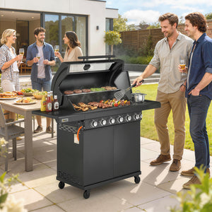 6+1 Burner Gas BBQ Grill, Portable Outdoor Barbecue Trolley with Wheels, Warming Rack, Built-in Thermometer, Side Shelves, Cabinet, Bottle Opener, Lid with Viewing Window, Black