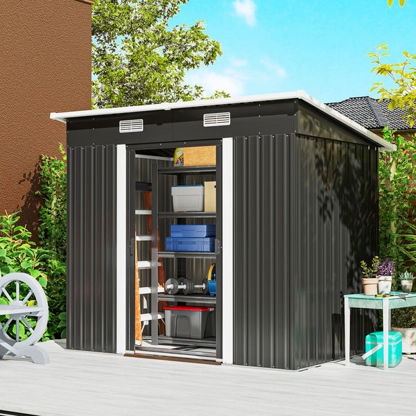 7 x 4ft Outdoor Storage Shed with Foundation Kit, Lean to Metal Garden Shed for Log, Rubbish Bin, Tool, Lawnmower, Bike, Patio Use, Black
