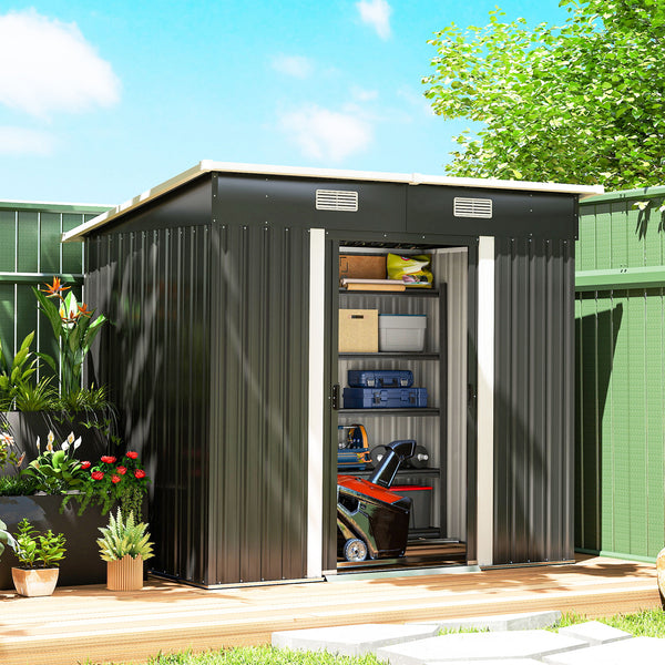 7 x 4ft Outdoor Storage Shed with Foundation Kit, Lean to Metal Garden Shed for Log, Rubbish Bin, Tool, Lawnmower, Bike, Patio Use, Black