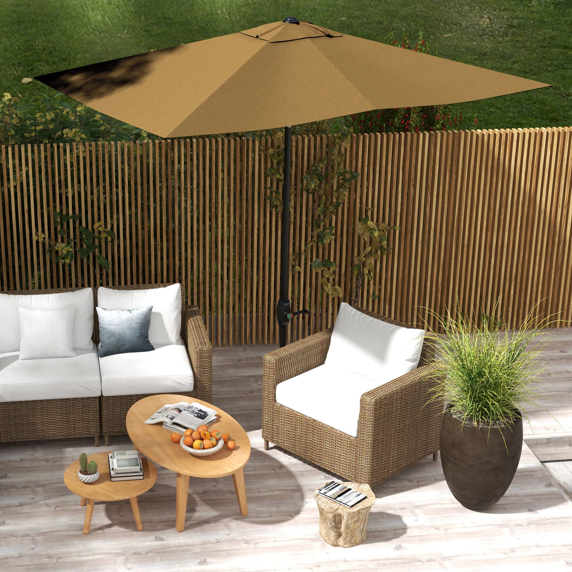 brown rectangle patio umbrella Outsunny 6.6 X 10 ft Rectangular Market Umbrella Patio Outdoor Table Umbrellas with Crank & Push Button Tilt, Coffee