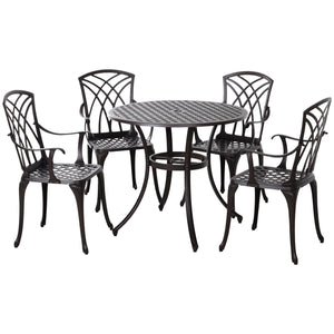 5 Pieces Garden Dining Set for 4, Cast Aluminium Outdoor Dining Set with 4 Armchairs and Round Dining Table with Parasol Hole, Garden Furniture Set, Brown