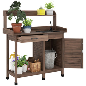 Outsunny Potting Bench Table with Sink, Outdoor Work Bench Table with Storage Cabinet, Hooks, Removable Sink, Faucet and Drawer for Greenhouse, Garden, Patio, Dark Brown