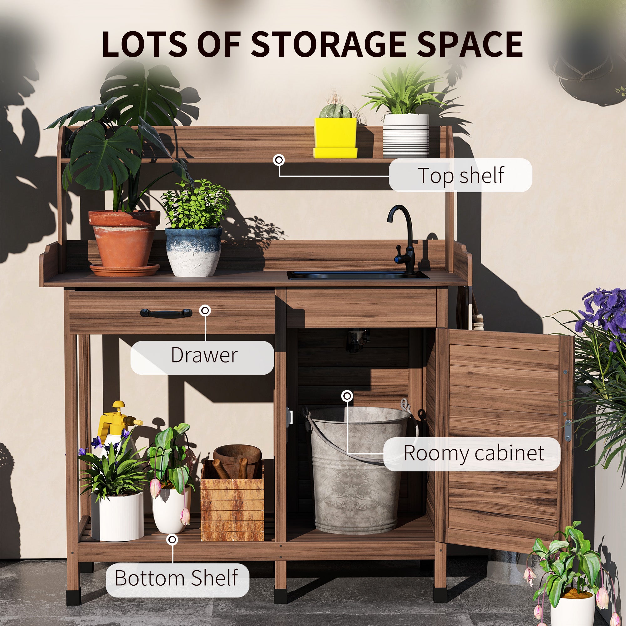 plant potting stand Outsunny Garden Potting Table with Storage Cabinet, Removable Sink, Faucet and Drawer, Dark Brown