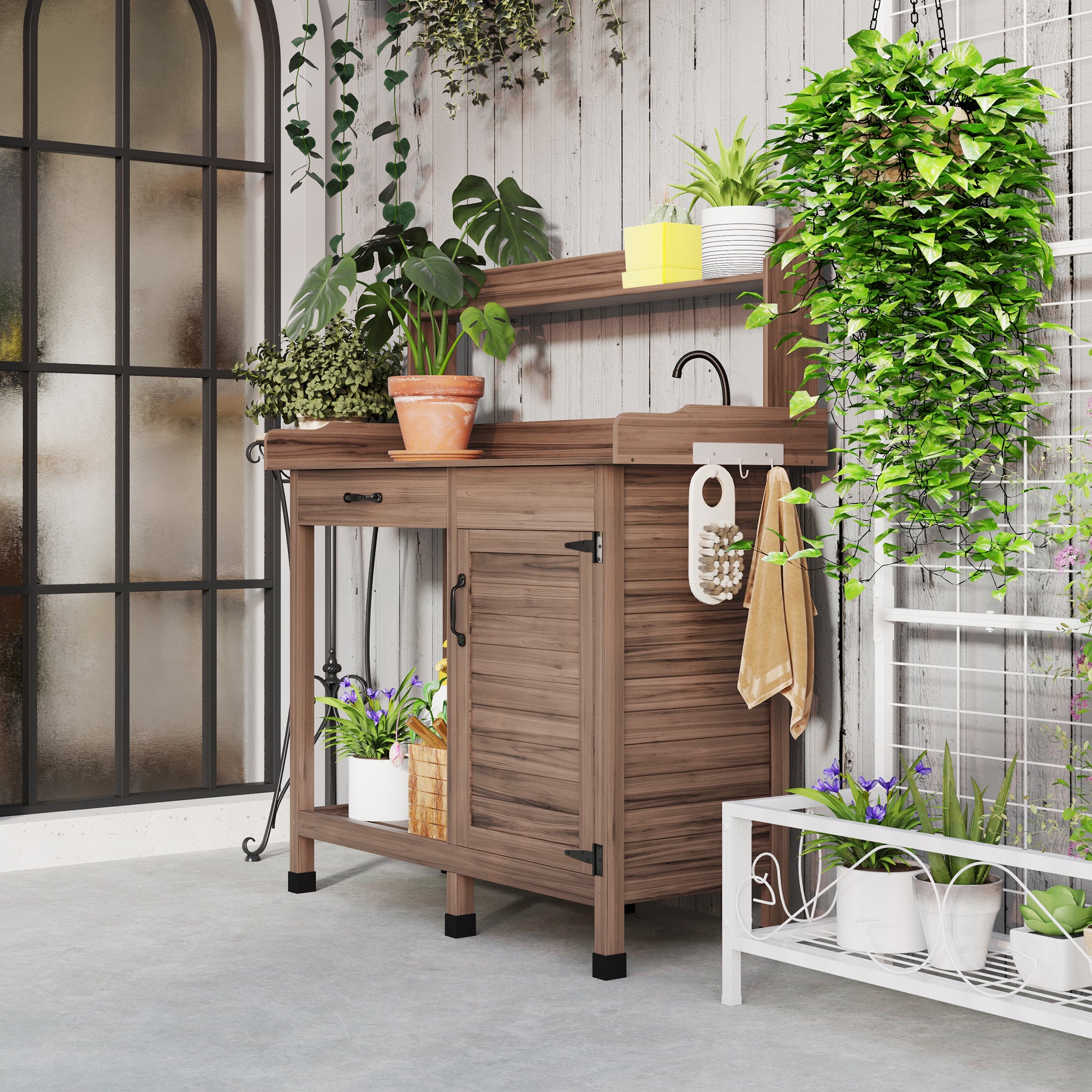 work bench for potting plants Outsunny Garden Potting Table with Storage Cabinet, Removable Sink, Faucet and Drawer, Dark Brown