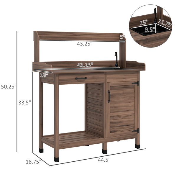 Outsunny Potting Bench Table with Sink, Outdoor Work Bench Table with Storage Cabinet, Hooks, Removable Sink, Faucet and Drawer for Greenhouse, Garden, Patio, Dark Brown