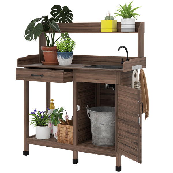 Outsunny Potting Bench Table with Sink, Outdoor Work Bench Table with Storage Cabinet, Hooks, Removable Sink, Faucet and Drawer for Greenhouse, Garden, Patio, Dark Brown