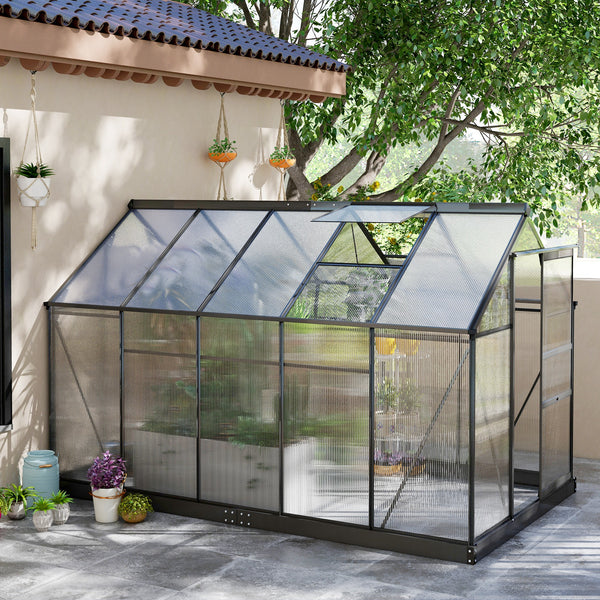 Outsunny 6' x 10' Greenhouse for Outdoors, Polycarbonate Greenhouse with Rain Gutter and Roof Vent, Aluminum Walk-in Green Houses for Outside for Patio Backyard Garden, Gray