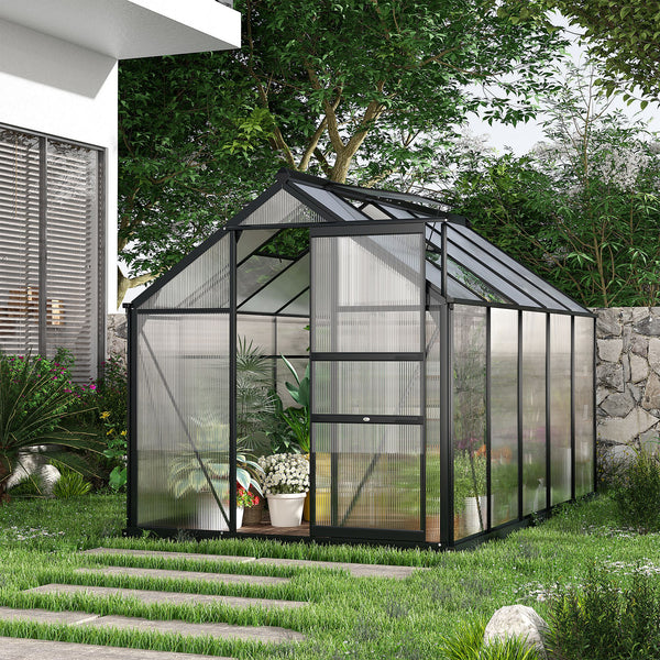 Outsunny 6' x 10' Greenhouse for Outdoors, Polycarbonate Greenhouse with Rain Gutter and Roof Vent, Aluminum Walk-in Green Houses for Outside for Patio Backyard Garden, Gray