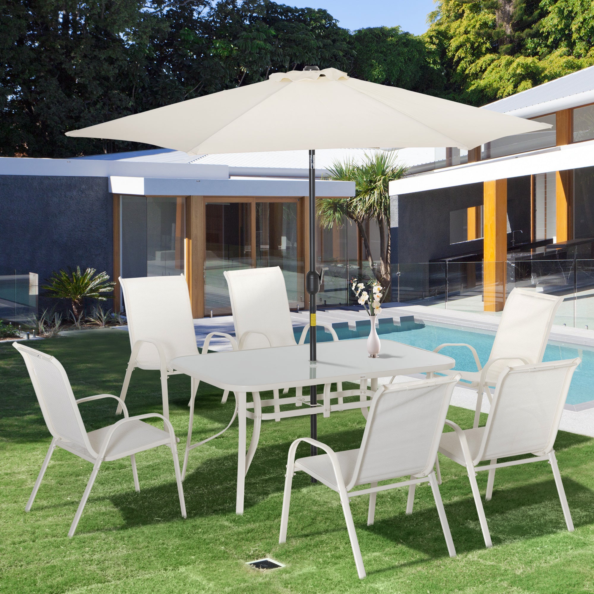 Outsunny 8 Pieces Outdoor Patio Dining Set with Umbrella, 6 Sling Chairs and Table, Cream White