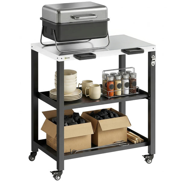 Outdoor Grill Cart with Stainless Steel Tabletop, 2 Shelves, Rolling Prep Dining Cart with Lockable Wheels, Bottle Opener, Pizza Oven Stand Table for Kitchen Prep, Black