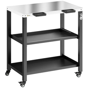 Outdoor Grill Cart with Stainless Steel Tabletop, 2 Shelves, Rolling Prep Dining Cart with Lockable Wheels, Bottle Opener, Pizza Oven Stand Table for Kitchen Prep, Black