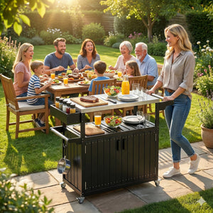 Outdoor Bar Cart with Storage Cabinet, Stainless Steel Top Kitchen Island on Wheels, HDPE Outdoor Bar Table, Movable Patio Beverage Food Prep Table for BBQ Picnic, Black