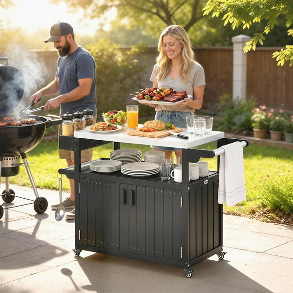 Outdoor Bar Cart with Storage Cabinet, Stainless Steel Top Kitchen Island on Wheels, HDPE Outdoor Bar Table, Movable Patio Beverage Food Prep Table for BBQ Picnic, Black