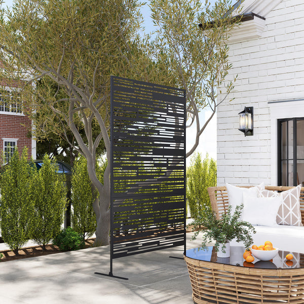 Metal Outdoor Privacy Screen, 78" H x 48" W Decorative Privacy Fence Screen, Freestanding Outdoor Divider with Stand, Climbing Plant Trellis for Garden Walkway, Balcony, Patio, Barcode Black