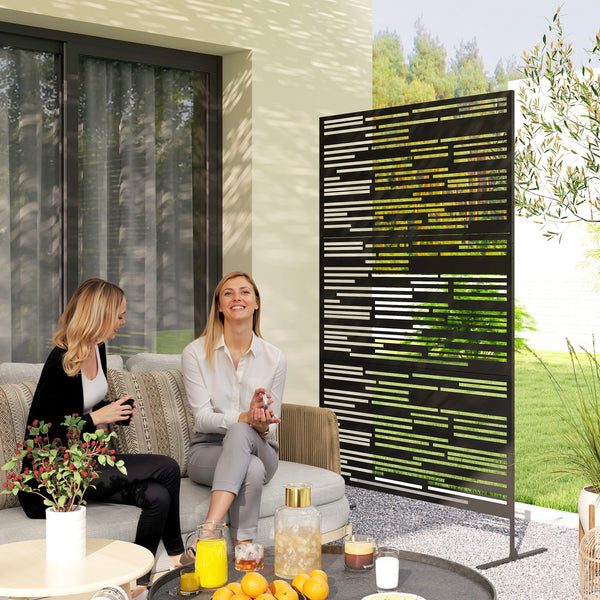 Metal Outdoor Privacy Screen, 78" H x 48" W Decorative Privacy Fence Screen, Freestanding Outdoor Divider with Stand, Climbing Plant Trellis for Garden Walkway, Balcony, Patio, Barcode Black