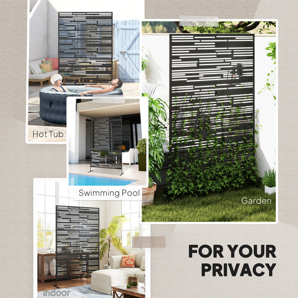 Metal Outdoor Privacy Screen, 78" H x 48" W Decorative Privacy Fence Screen, Freestanding Outdoor Divider with Stand, Climbing Plant Trellis for Garden Walkway, Balcony, Patio, Barcode Black