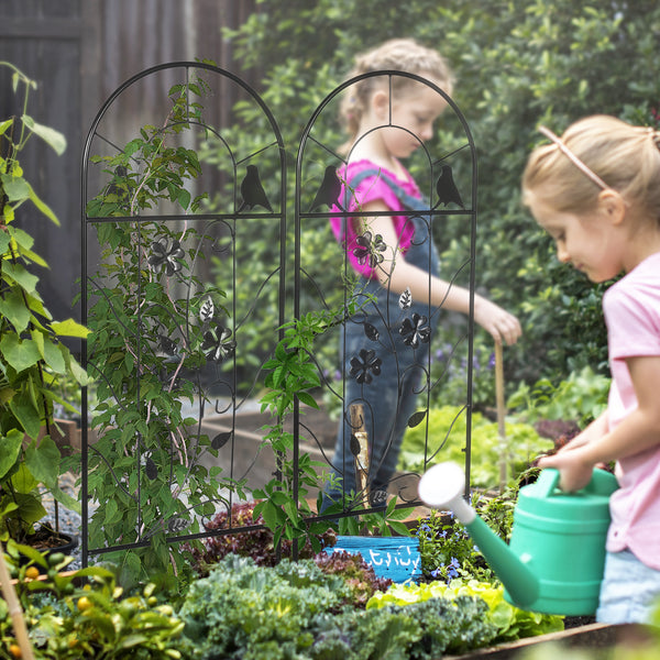 2 Pack Garden Trellis for Climbing Plants, Outdoor Metal Grid Panels with Birds and Leaves, for Roses, Vine Flower, Cucumber, Clematis, 39" Tall