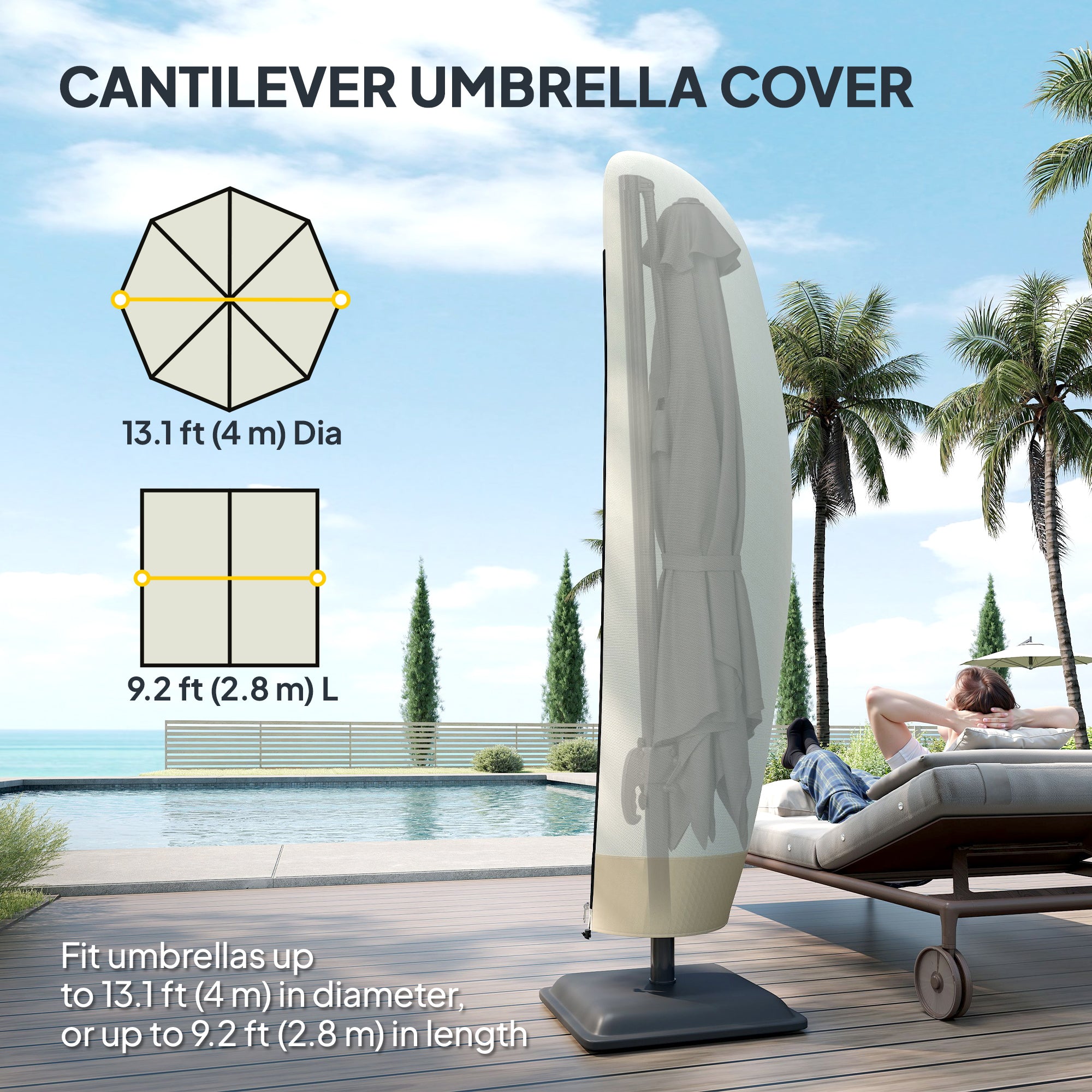 Waterproof Cover with Zipper for 10'-13' Offset Umbrella, Beige