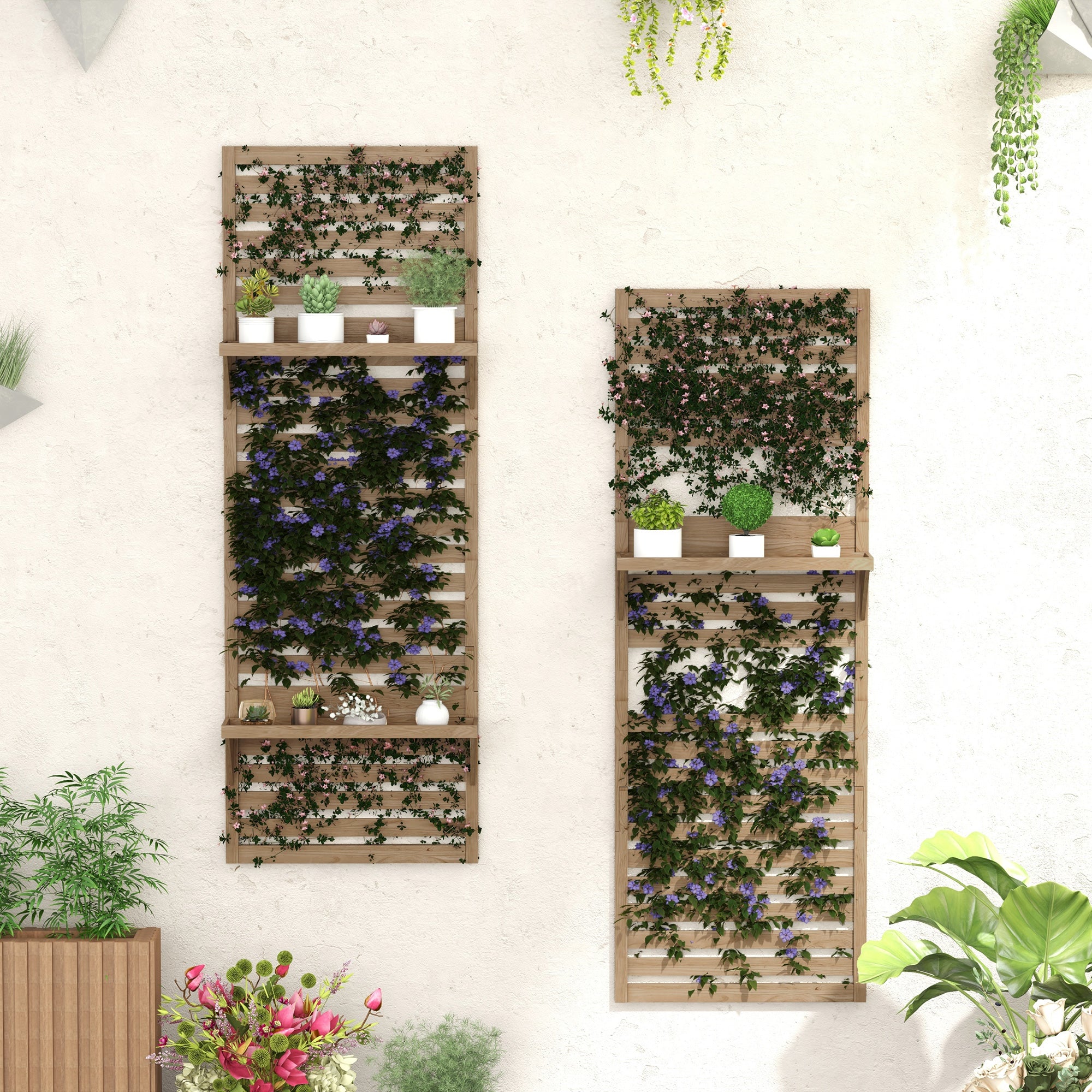 plant wall rack outdoor Outsunny 2-pieces Outdoor Plant Stands with Hanging Planter Shelves and Slatted Trellis for Climbing Plants, 170cm Wall Mount Wooden Plant Rack