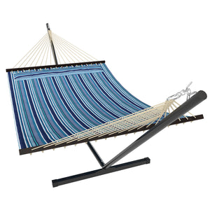 Outdoor Hammock with Stand, Detachable Pillow and Spreader Bars, Heavy Duty Hammock for Outdoor, 264 lbs Capacity Steel Stand, Blue