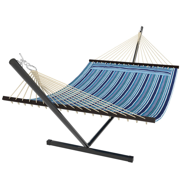 Outdoor Hammock with Stand, Detachable Pillow and Spreader Bars, Heavy Duty Hammock for Outdoor, 264 lbs Capacity Steel Stand, Blue