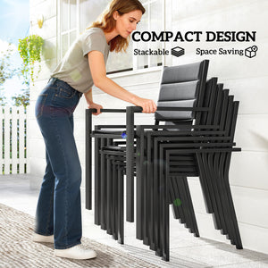 7 Piece Patio Dining Set for 6, Aluminum Expandable Outdoor Table and Stackable Chairs with Padded Back and Mesh Seats, Patio Furniture Dining Set for Garden, Black