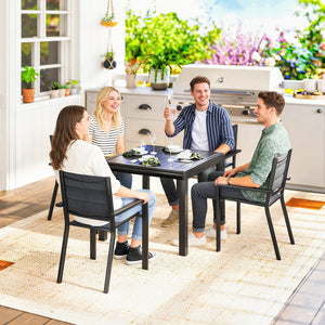 7 Piece Patio Dining Set for 6, Aluminum Expandable Outdoor Table and Stackable Chairs with Padded Back and Mesh Seats, Patio Furniture Dining Set for Garden, Black