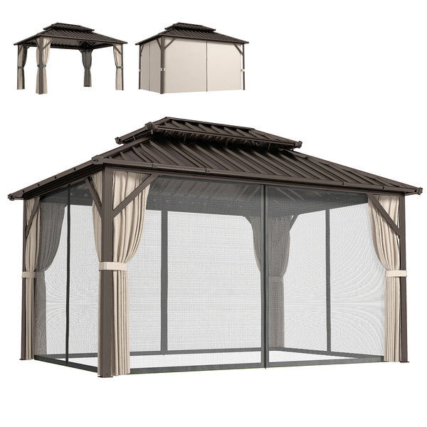 10' x 14' Hardtop Gazebo with UPF50+ Double Galvanized Steel Roof Canopy, Aluminum Frame Permanent Outdoor Gazebo with Curtains and Netting, Ceiling Hooks, Brown
