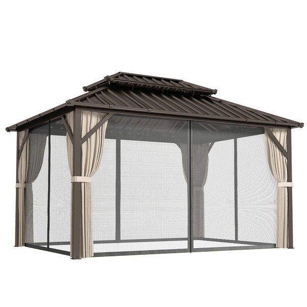 10' x 14' Hardtop Gazebo with UPF50+ Double Galvanized Steel Roof Canopy, Aluminum Frame Permanent Outdoor Gazebo with Curtains and Netting, Ceiling Hooks, Brown