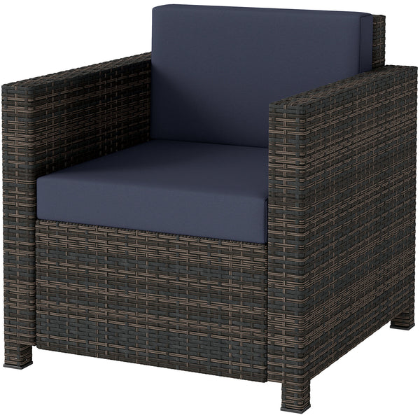 Single Seater Rattan Chair, PE Wicker Garden Armchair with 10 cm Thickened Cushion, All-Weather Rattan Garden Chair with Armrests, Mixed Brown/Navy Blue