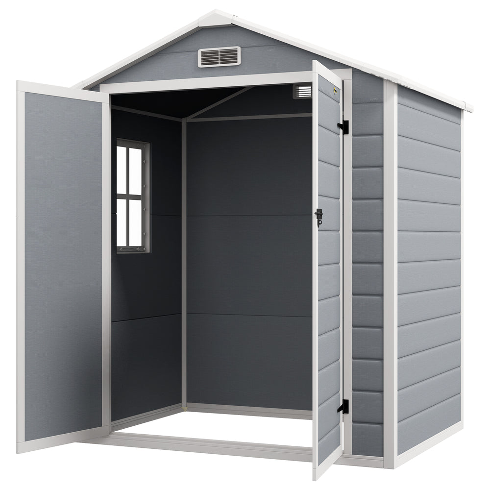 6 x 4.5FT Plastic Garden Shed with Floor, Lockable Tool Storage House with Window, Vent and Plastic Roof, Grey