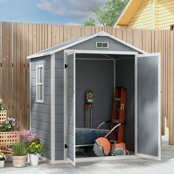 Outsunny Outdoor Storage Shed, 6' x 4.5' Garden Shed with Double Lockable Doors, Vent and Window, Plastic Utility Tool Shed for Backyard, Patio, Garage, Lawn, Gray